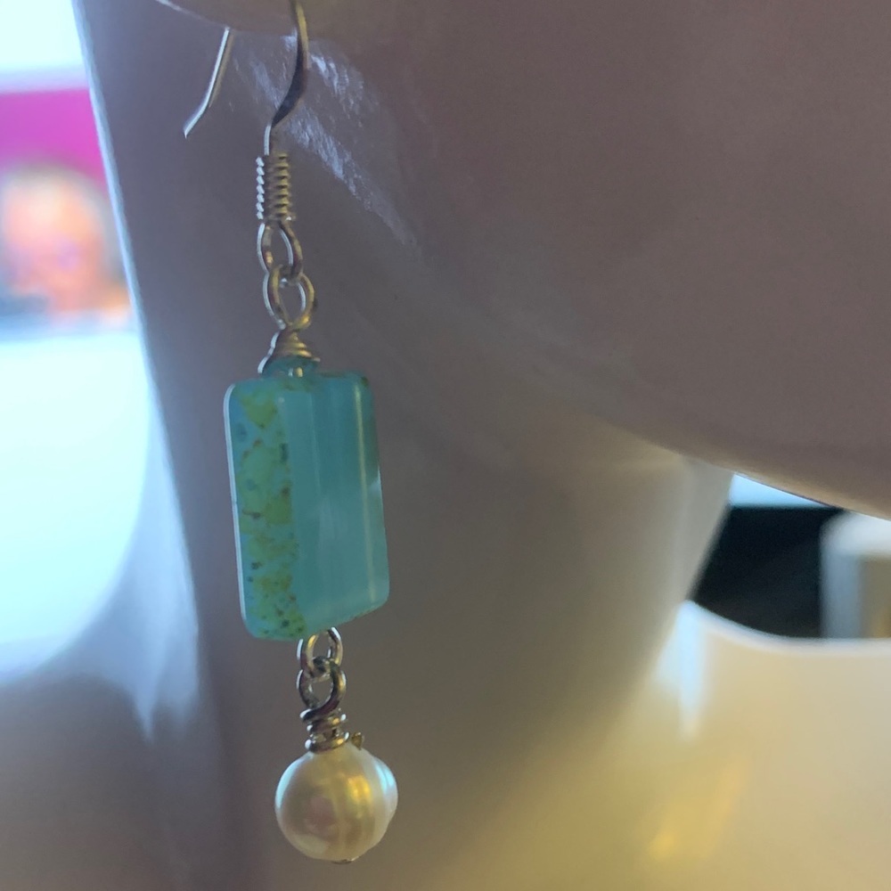 Pulse Design Aqua Glass and Pearl Drop Earrings - Women Jewelry